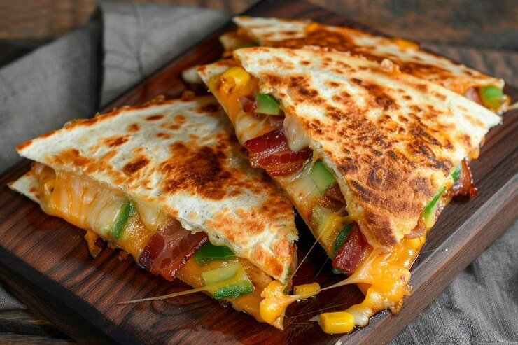Crispy breakfast quesadilla cut in wedges with eggs, cheese, peppers.